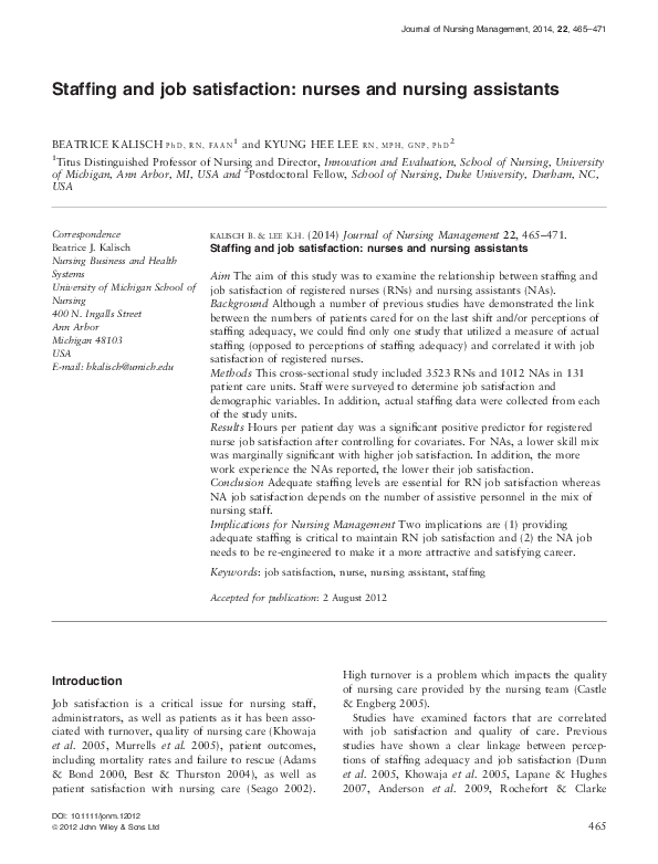 (PDF) Staffing and job satisfaction: nurses and nursing assistants