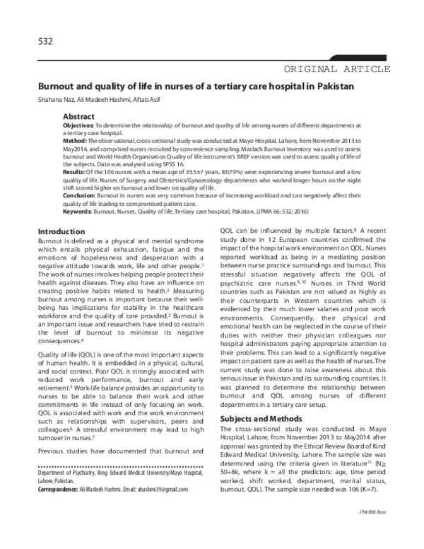 (PDF) Burnout and quality of life in nurses of a tertiary care hospital ...