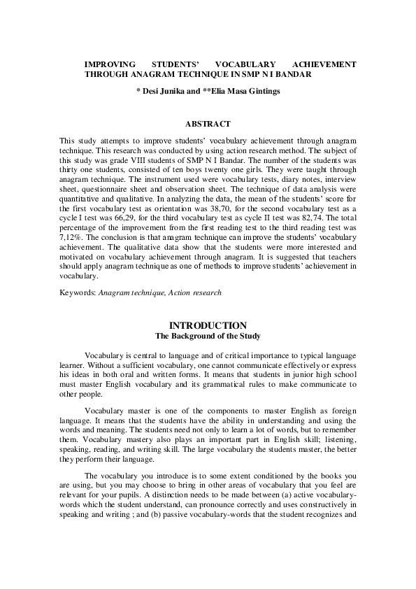(PDF) Improving Students’ Vocabulary Achievement Through Word Walls ...