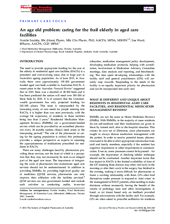 (PDF) An age old problem: caring for the frail elderly in aged care ...