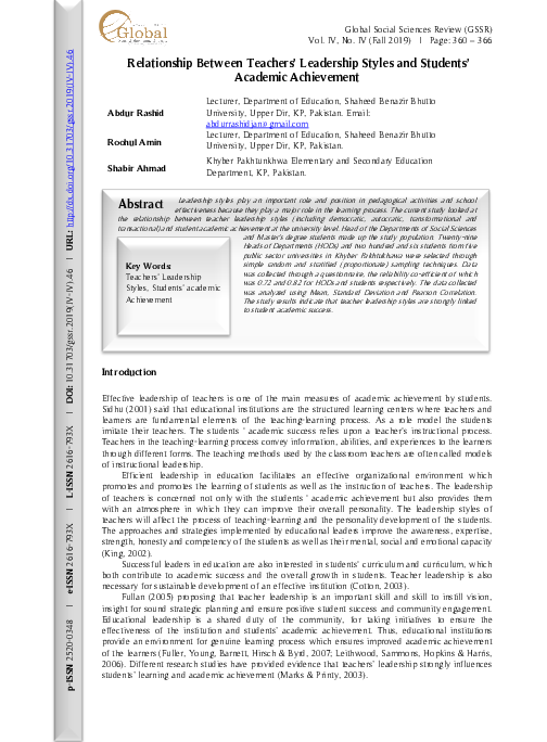 (PDF) Relationship Between Teachers Leadership Styles and Students ...