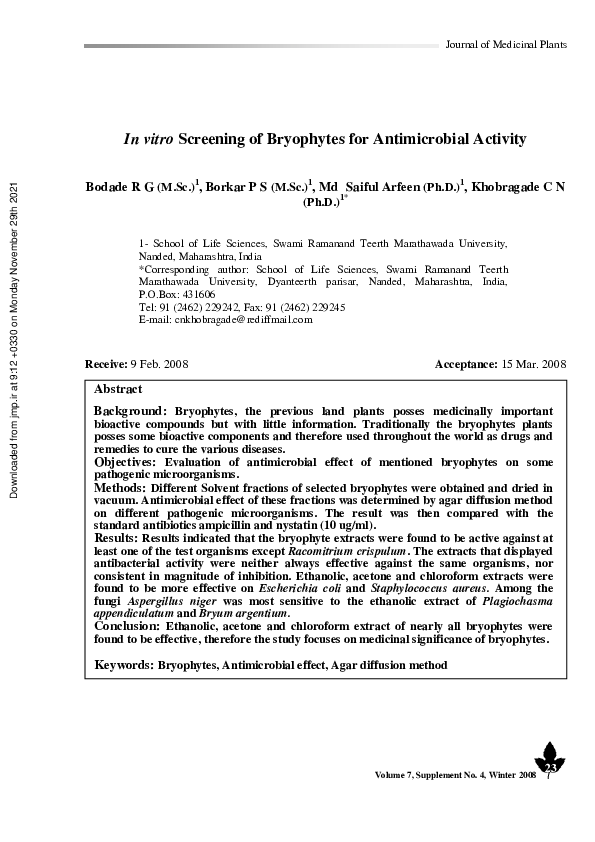 (PDF) In vitro Screening of Bryophytes for Antimicrobial Activity