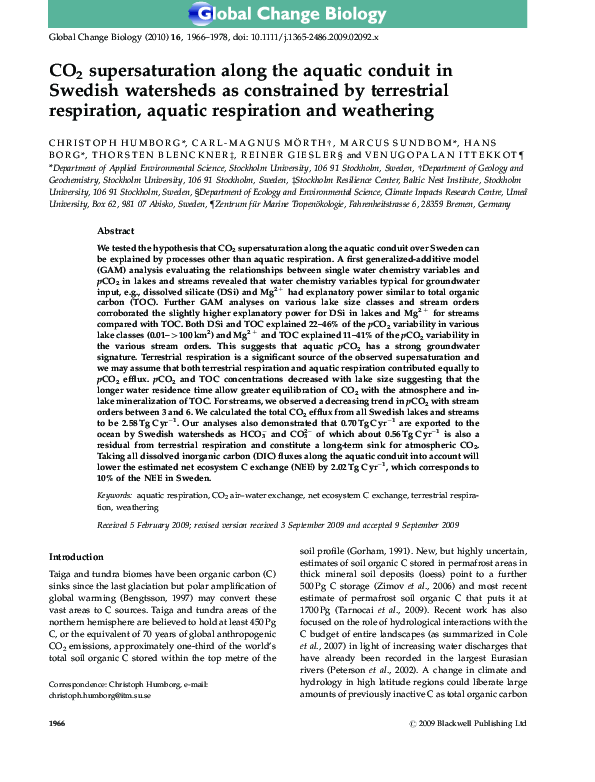 CO2 supersaturation along the aquatic conduit in Swedish watersheds as constrained by terrestrial respiration, aquatic respiration and weathering