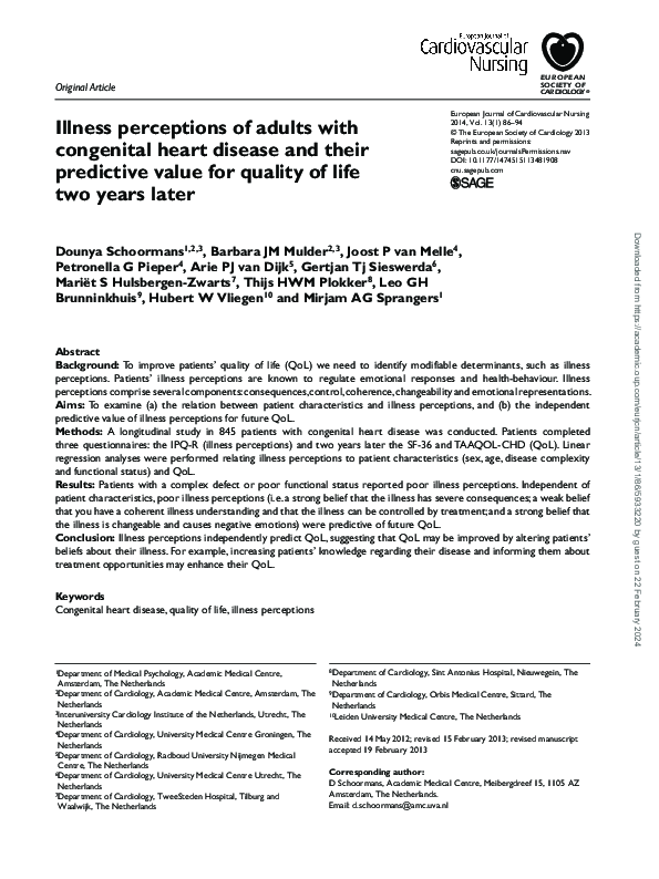 (PDF) Illness perceptions of adults with congenital heart disease and ...