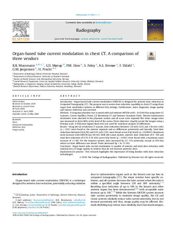 (PDF) Organ-based tube current modulation in chest CT. A comparison of ...