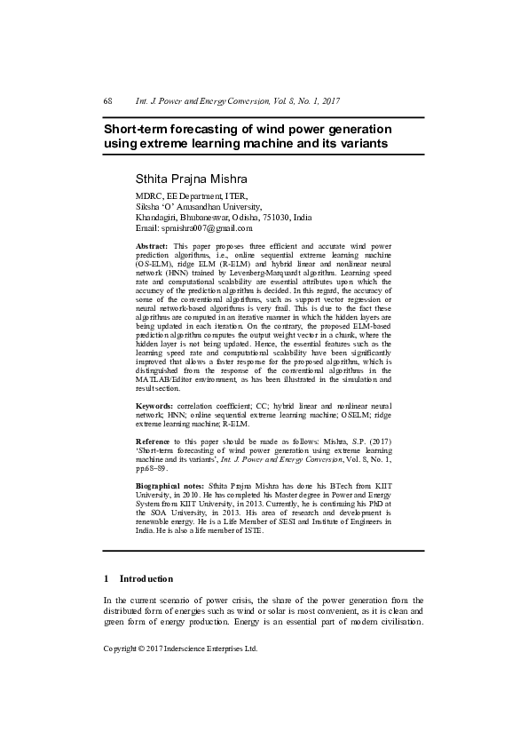 (PDF) Short-term forecasting of wind power generation using artificial ...