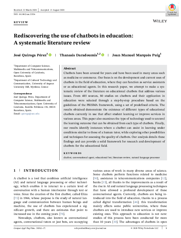 (PDF) Rediscovering the use of chatbots in education: A systematic ...