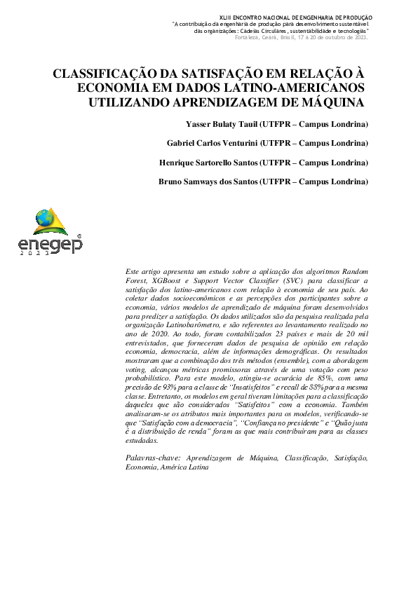 Classificação Da Satisfação Em Relação À Economia Em Dados Latino-Americanos Utilizando Aprendizagem De Máquina