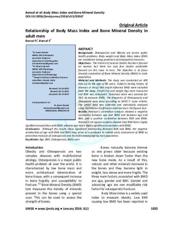 (PDF) Relationship of Body Mass Index and Bone Mineral Density in Adult Men
