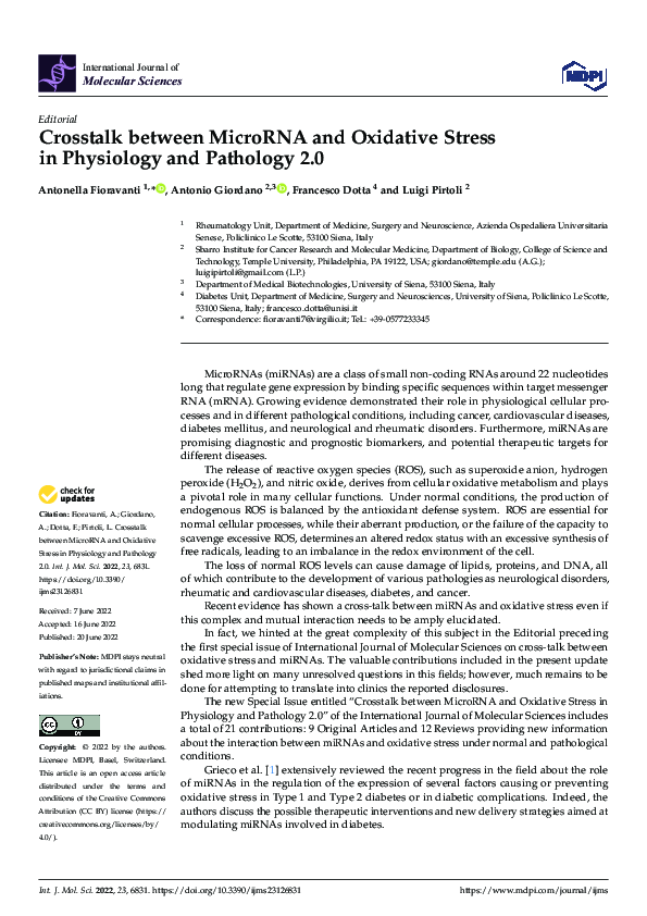 (PDF) Crosstalk between MicroRNA and Oxidative Stress in Physiology and ...