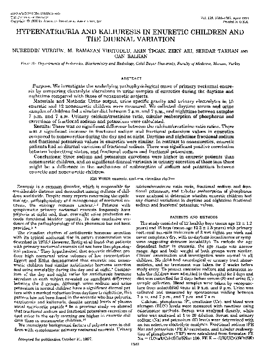 (PDF) Hypernatriuria and Kaliuresis in Enuretic Children and the ...