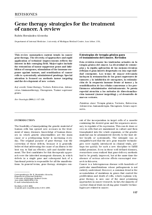 (PDF) Gene therapy strategies for the treatment of cancer. A review
