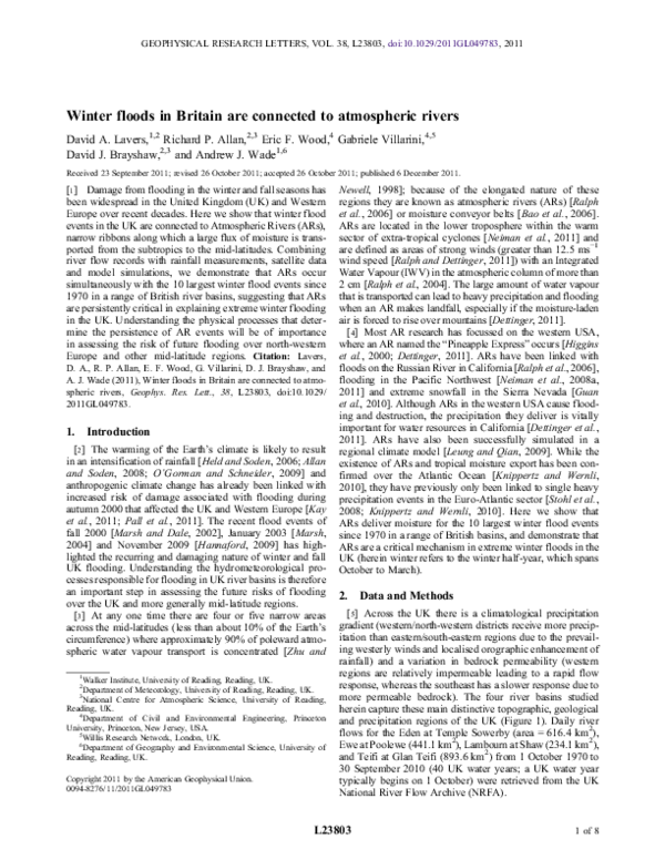 (PDF) Winter floods in Britain are connected to atmospheric rivers