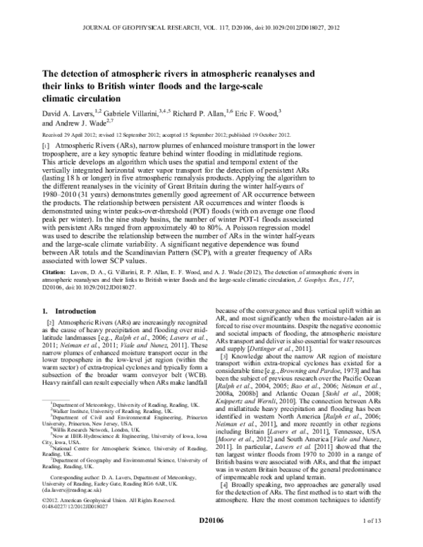(PDF) The detection of atmospheric rivers in atmospheric reanalyses and ...