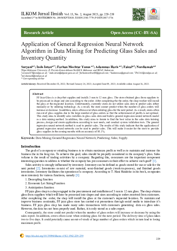 (PDF) Predicting Glass Sales and Inventory Using Regression Neural Networks