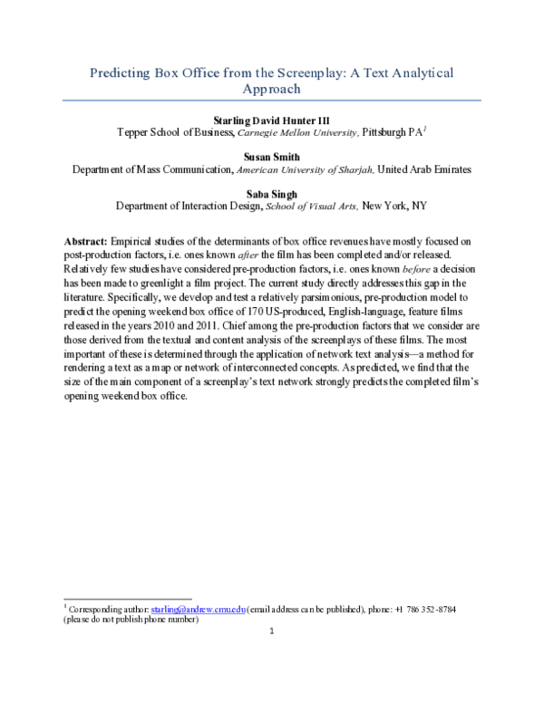 (PDF) Predicting box office from the screenplay: A text analytical approach