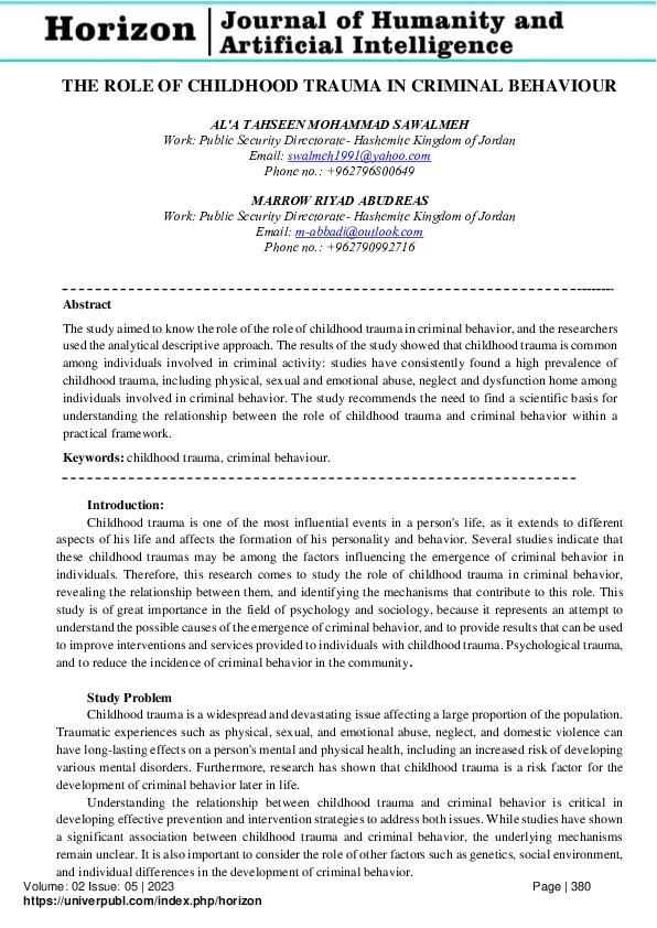 (PDF) THE ROLE OF CHILDHOOD TRAUMA IN CRIMINAL BEHAVIOUR