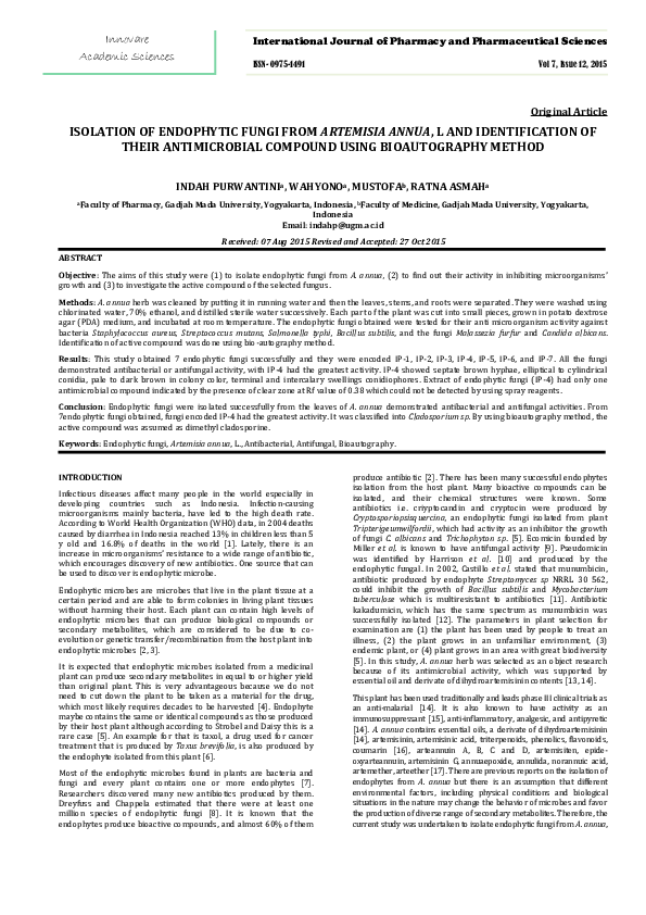 (PDF) ISOLATION OF ENDOPHYTIC FUNGI FROM ARTEMISIA ANNUA, L AND ...