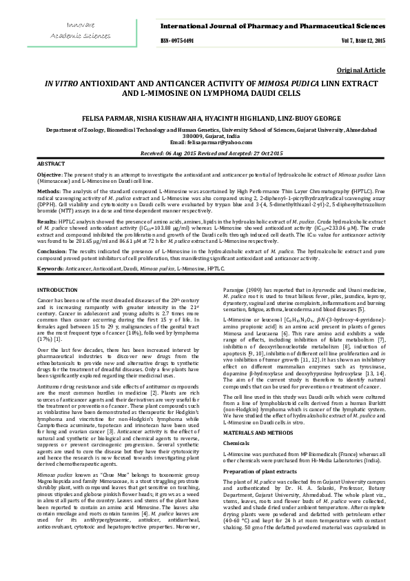 (PDF) IN VITRO ANTIOXIDANT AND ANTICANCER ACTIVITY OF MIMOSA PUDICA ...