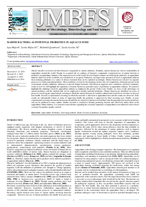 (PDF) Marine Bacteria as Potential Probiotics in Aquaculture