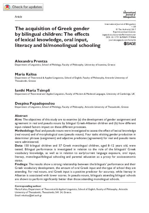 (PDF) The acquisition of Greek gender by bilingual children: The ...