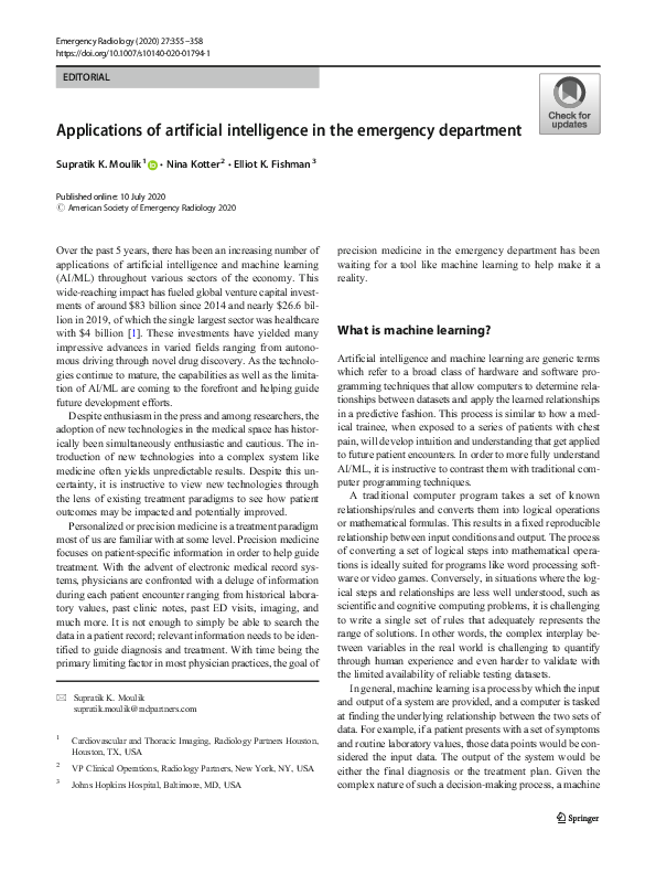 (PDF) Applications of artificial intelligence in the emergency department