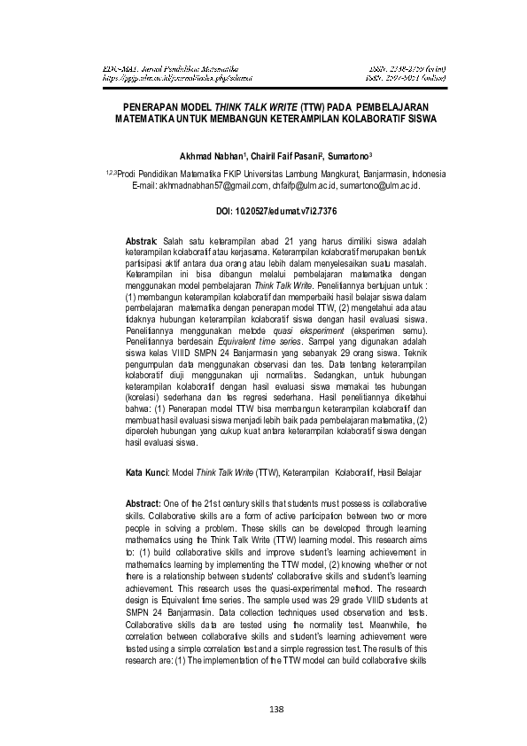 (PDF) Penerapan Model Think Talk Write (TTW) Pada Pembelajaran ...