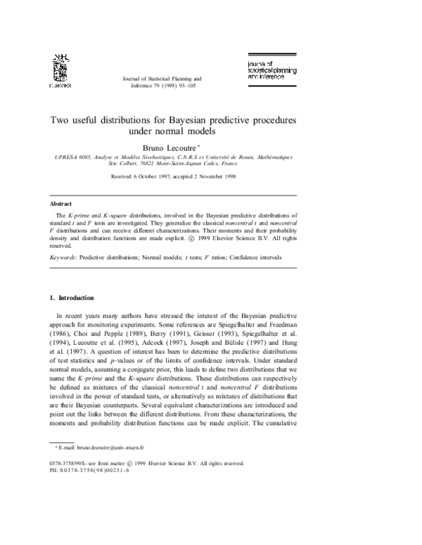 (PDF) Two useful distributions for Bayesian predictive procedures under ...
