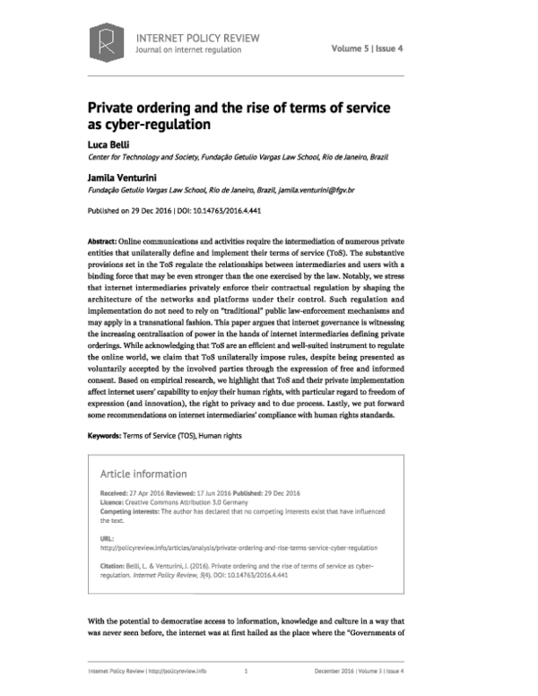 Private ordering and the rise of terms of service as cyber-regulation