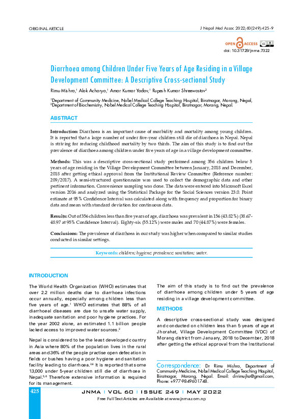 (PDF) Diarrhoea among Children Under Five Years of Age Residing in a ...
