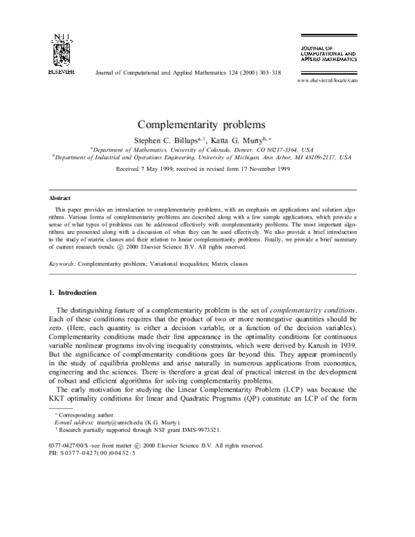(PDF) Complementarity problems