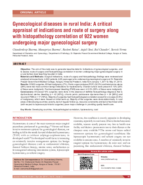 (PDF) Gynecological diseases in rural India: A critical appraisal of ...