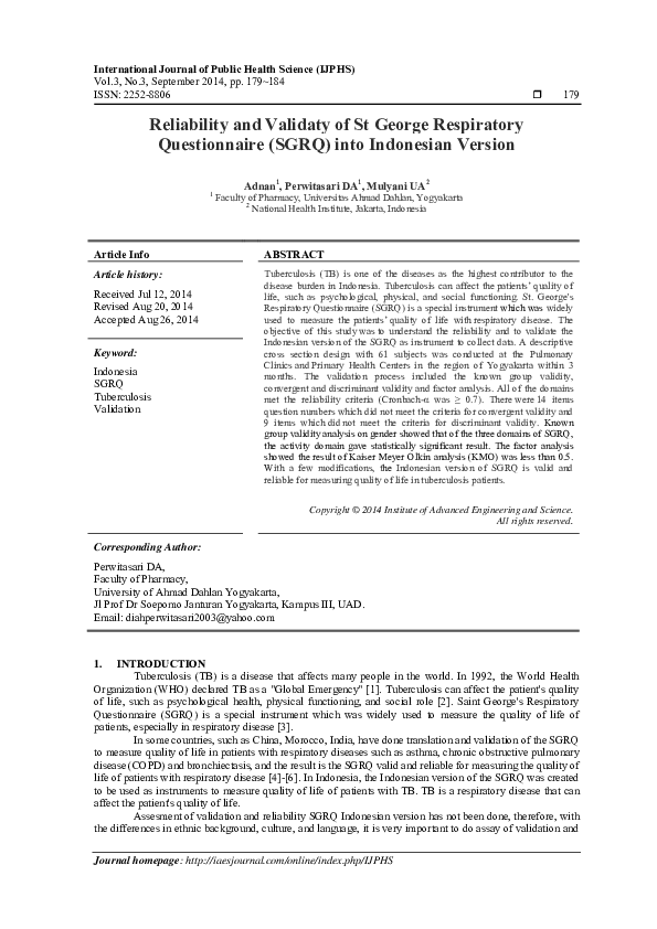 (PDF) Reliability and Validaty of St George Respiratory Questionnaire ...