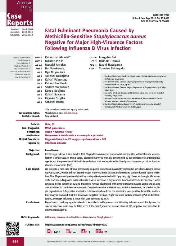 (PDF) Fatal Fulminant Pneumonia Caused by Methicillin-Sensitive ...