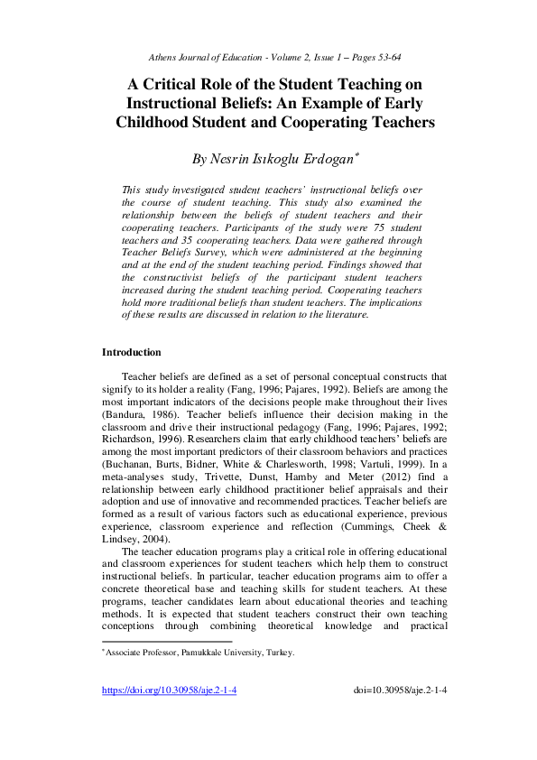 (PDF) A Critical Role of the Student Teaching on Instructional Beliefs ...