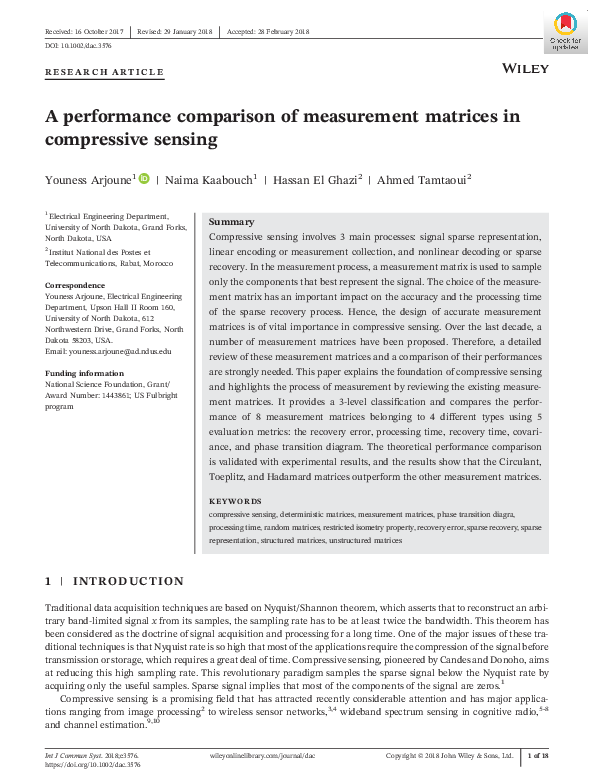 (PDF) A performance comparison of measurement matrices in compressive ...