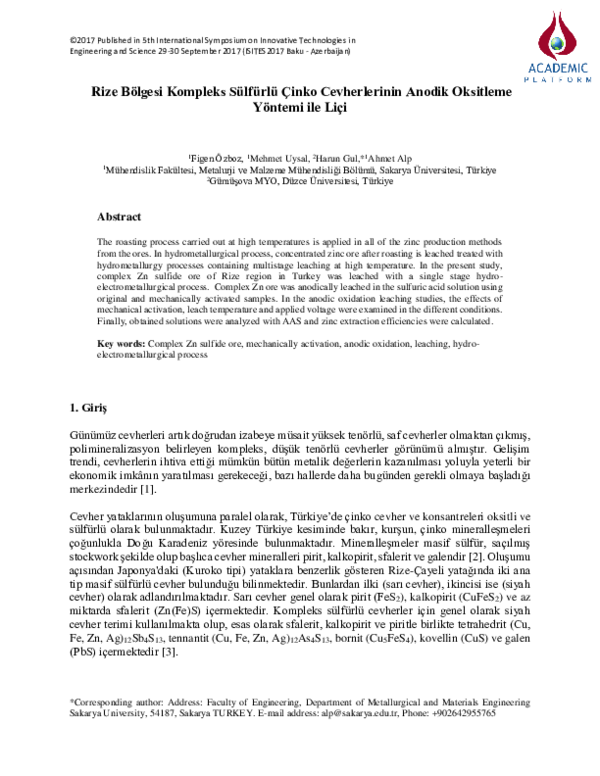 (PDF) Rize Bölgesi Kompleks Sülfürlü Çinko Cevherlerinin Anodik ...