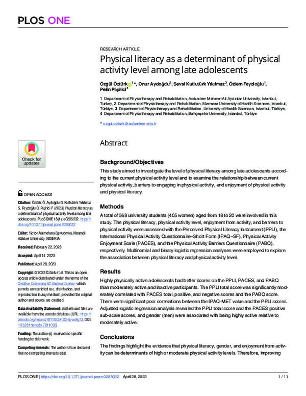 (PDF) Physical literacy as a determinant of physical activity level ...