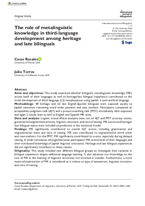 (PDF) The role of metalinguistic knowledge in third-language ...