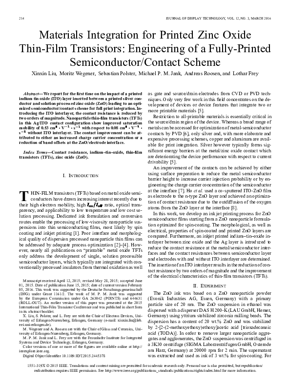 (PDF) Materials Integration for Printed Zinc Oxide Thin-Film ...