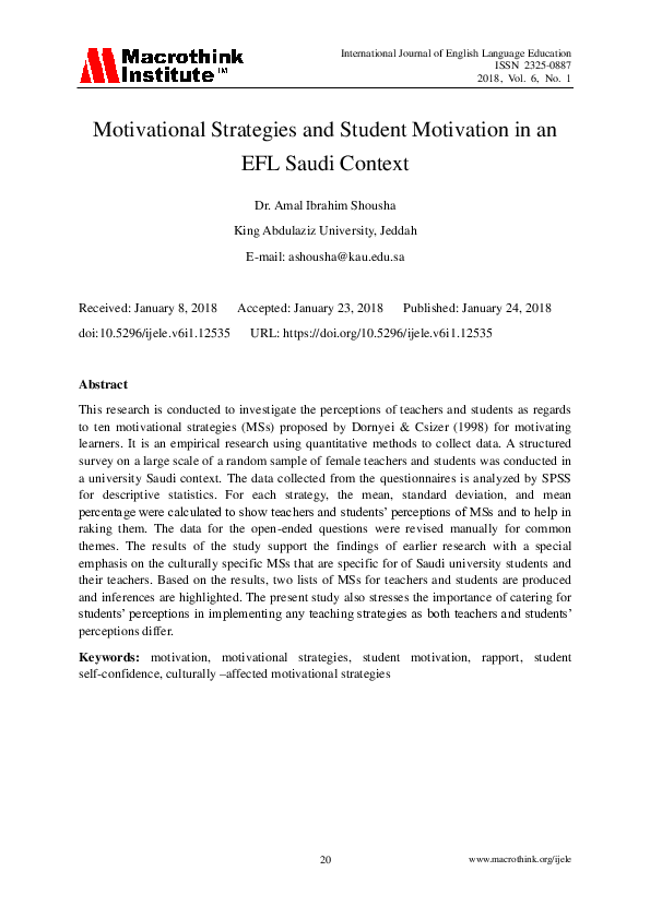 (PDF) Motivational Strategies and Student Motivation in an EFL Saudi ...