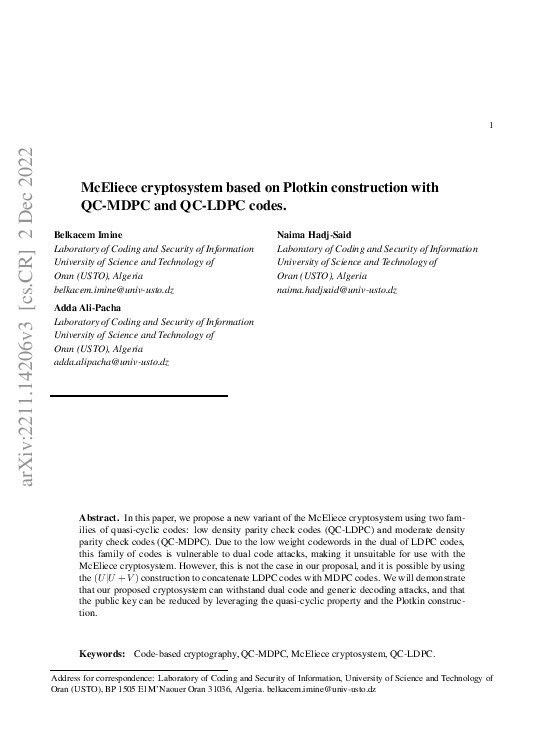 (PDF) McEliece cryptosystem based on Plotkin construction with QC-MDPC ...
