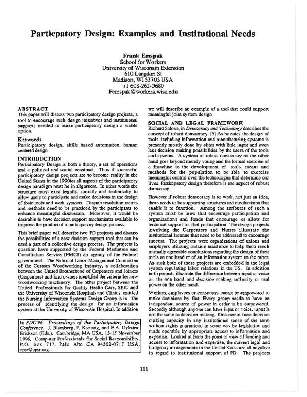 (PDF) Participatory Design: Examples and Institutional Needs