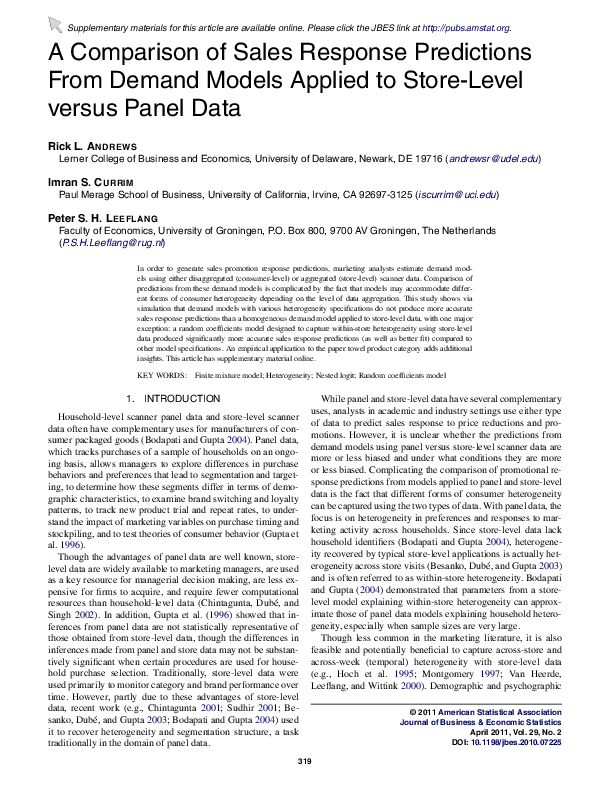 (PDF) A Comparison of Sales Response Predictions From Demand Models ...