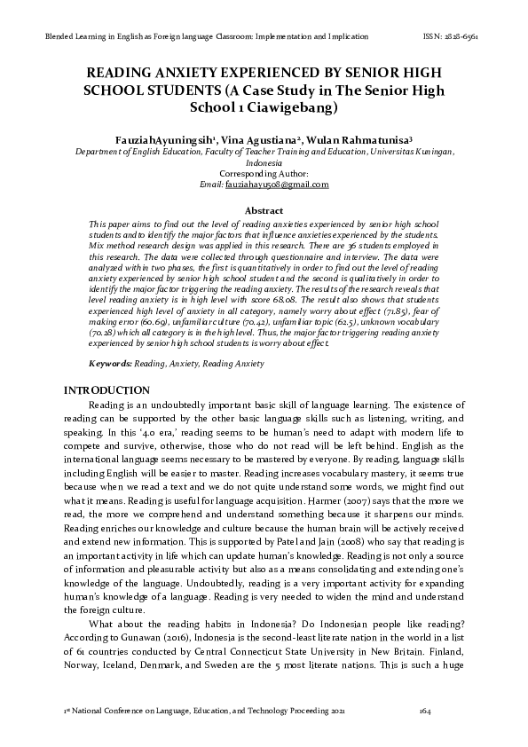(PDF) Reading Anxiety Experienced by Senior High School Students (A ...