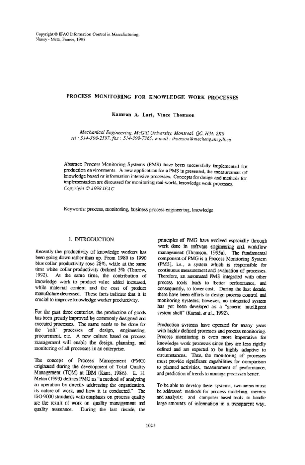(PDF) Process Monitoring for Knowledge Work Processes