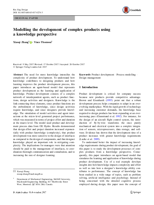 (PDF) Modelling the development of complex products using a knowledge ...
