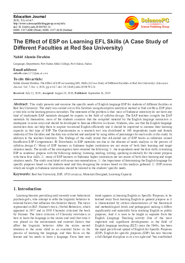 (PDF) The Effect of ESP on Learning EFL Skills (A Case Study of ...