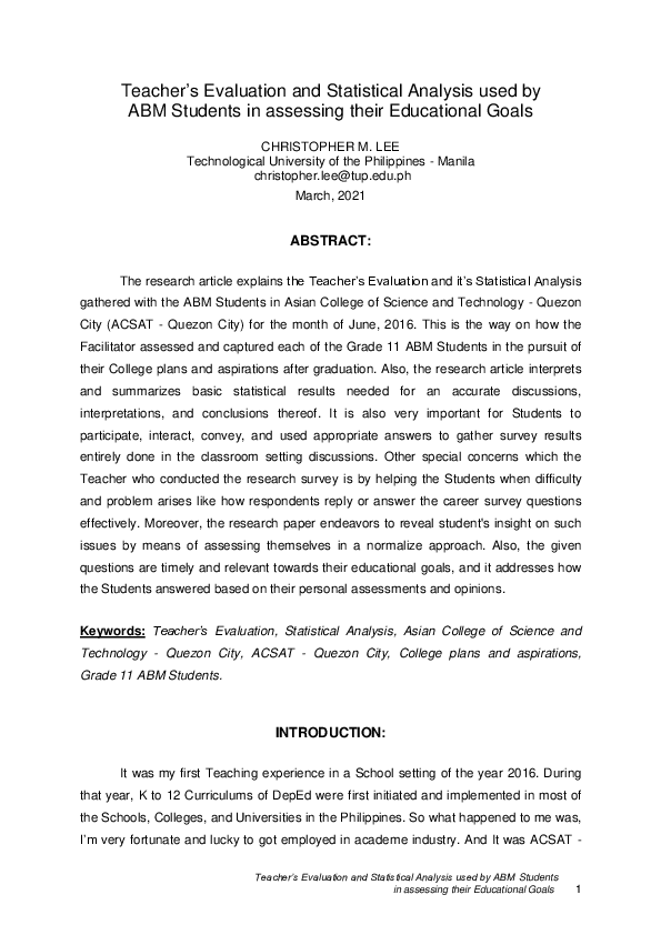 (PDF) Teacher's Evaluation and Statistical Analysis used by ABM ...