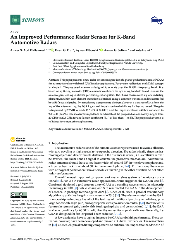 (PDF) An Improved Performance Radar Sensor for K-Band Automotive Radars
